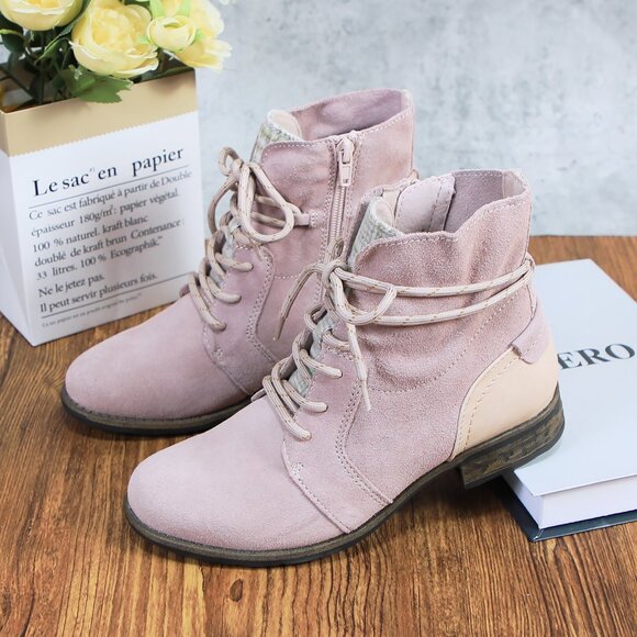 Women's Dusty Pink Genuine Leather Suede Ankle Lace Bootie with Side Zipper - Picture 9 of 9